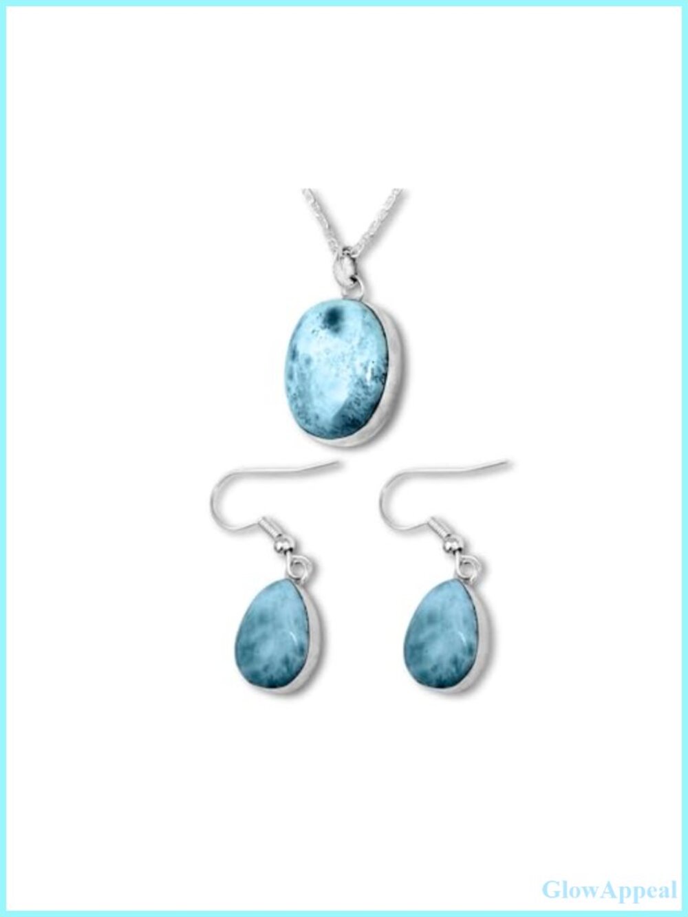925 Sterling Silver Larimar Jewelry Set Earrings Chain Pendant Handmade